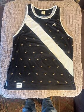 Tracksmith Black Athletic Tank with White Trim and Gold Crab Motif